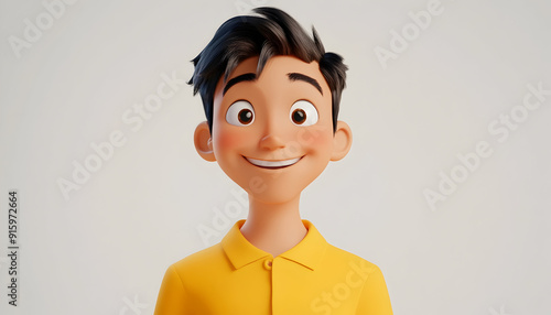 Illustration of a smiling Asian young man in a yellow shirt, depicted as a 3D cartoon character on a light background. Human emotions and expressions concept