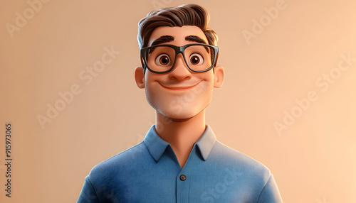 Illustration of a happy, smiling adult man in a blue shirt and big glasses, portrayed as a 3D cartoon character on a light background. Human emotions and expressions concept