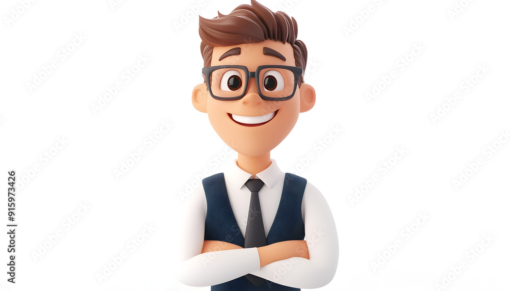 Illustration of a happy 3D cartoon office worker, a smiling man standing confidently on a white background Illustration of a happy 3D cartoon office worker, a smiling man standing confidently on a white background