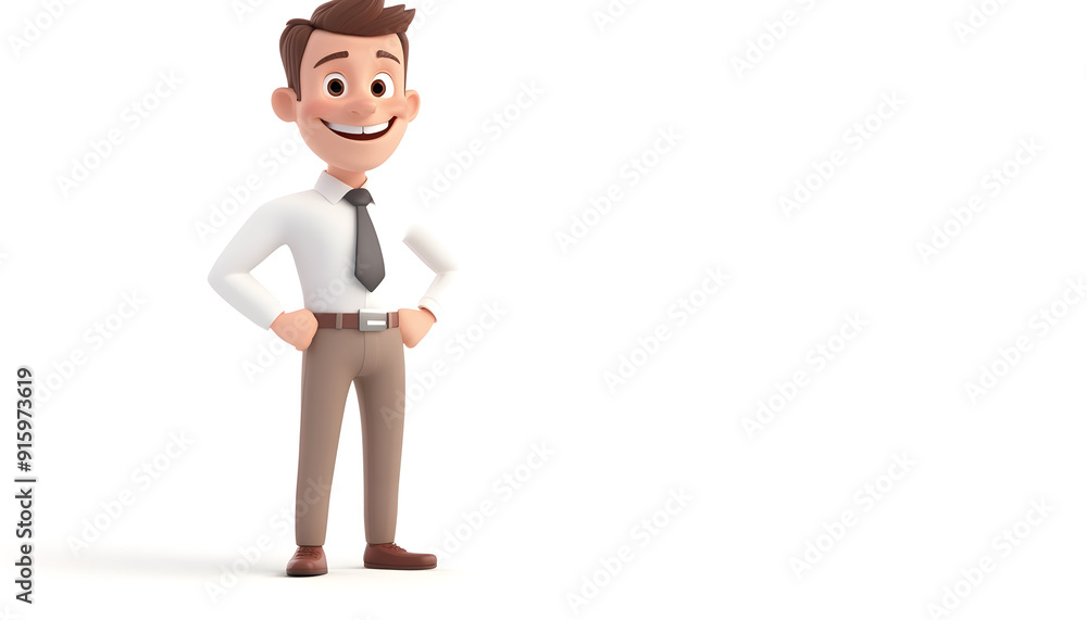 Fototapeta premium Illustration of a happy 3D cartoon office worker, a smiling man standing confidently on a white background