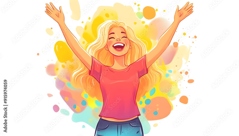 Joyful and excited woman with blond hair, smiling widely in a cartoon-style illustration on a white background. Successful people concept Joyful and excited woman with blond hair, smiling widely in a cartoon-style illustration on a white background. Successful people concept