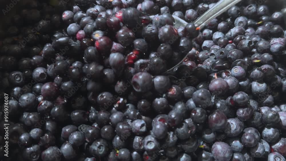 Close-up a lot of blueberries are scooped out of an iron saucepan with an iron spoon.. Prepares dishes using freshly picked blueberries. Natural berries taken from above and in sunny day. Wild berries Close-up a lot of blueberries are scooped out of an iron saucepan with an iron spoon.. Prepares dishes using freshly picked blueberries. Natural berries taken from above and in sunny day. Wild berries