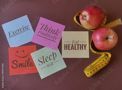 Colorful sticky notes with important life messages: eat healthy, exercise, sleep well, think positively, smile. A set of inspirational reminder notes with measuring tape and apples. Healthy lifestyle