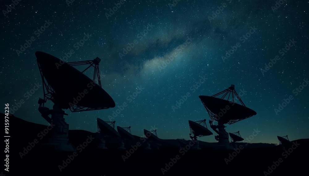 A network of large satellite dishes silhouetted against the night sky, antennas pointed toward stars, transmitting and receiving data from space. A network of large satellite dishes silhouetted against the night sky, antennas pointed toward stars, transmitting and receiving data from space.