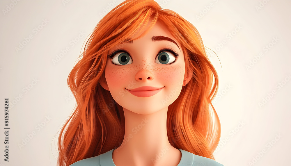 Portrait illustration of a happy, smiling young woman with ginger hair, designed as a 3D cartoon character against a light background. Human emotions and expressions concept Portrait illustration of a happy, smiling young woman with ginger hair, designed as a 3D cartoon character against a light background. Human emotions and expressions concept