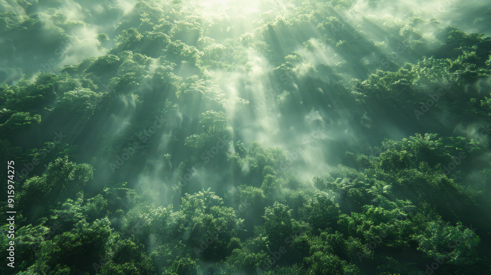 A scene shot from a bird's eye view shows a dense forest, with trees towering into the clouds and sunlight shining through the leaves,generative ai A scene shot from a bird's eye view shows a dense forest, with trees towering into the clouds and sunlight shining through the leaves,generative ai