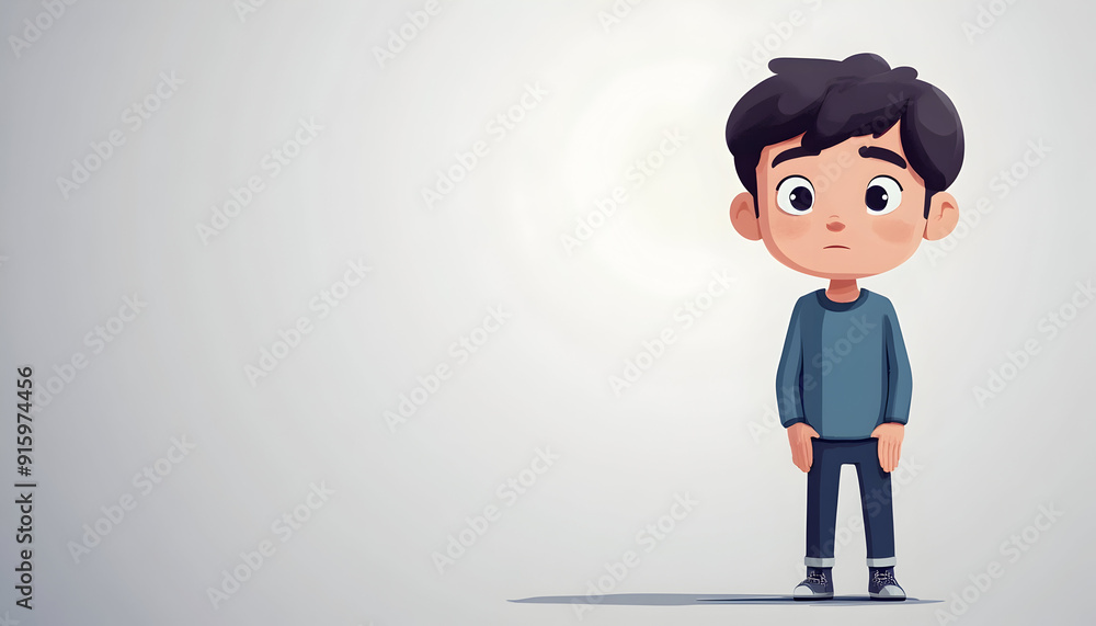 Sad young boy standing alone, rendered in a 3D cartoon style illustration on a light background. Human emotion and expression concept Sad young boy standing alone, rendered in a 3D cartoon style illustration on a light background. Human emotion and expression concept