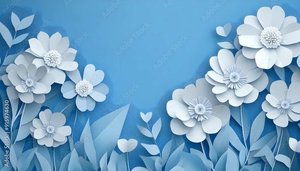 Winter-themed paper-cut illustration of white blooming flowers on a blue background. Origami-inspired design decor Winter-themed paper-cut illustration of white blooming flowers on a blue background. Origami-inspired design decor