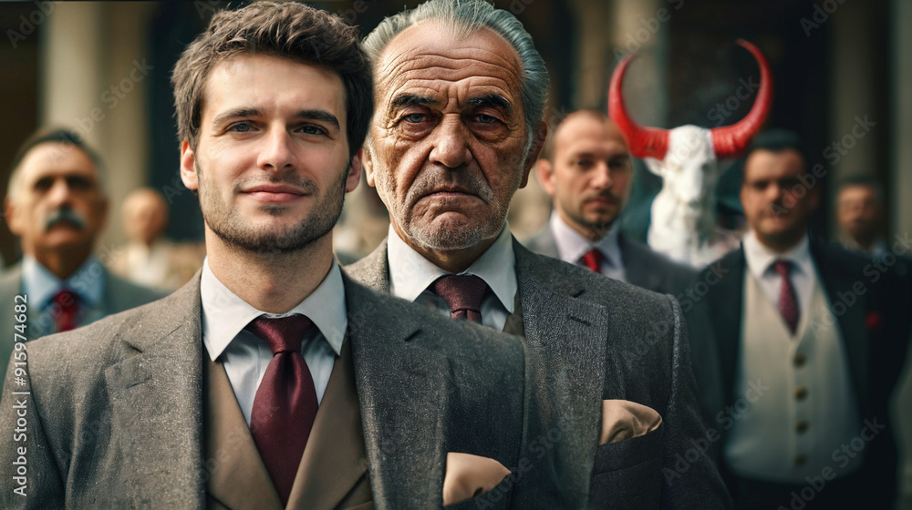 Inheritance Evil Father and son wearing suit, a pact with the devil, across generations ...