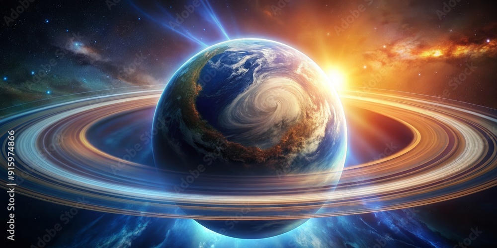 Obraz premium Planet forming from swirling disk of earth, radiating glowing rays , planet formation, swirling disk, earth, glowing rays