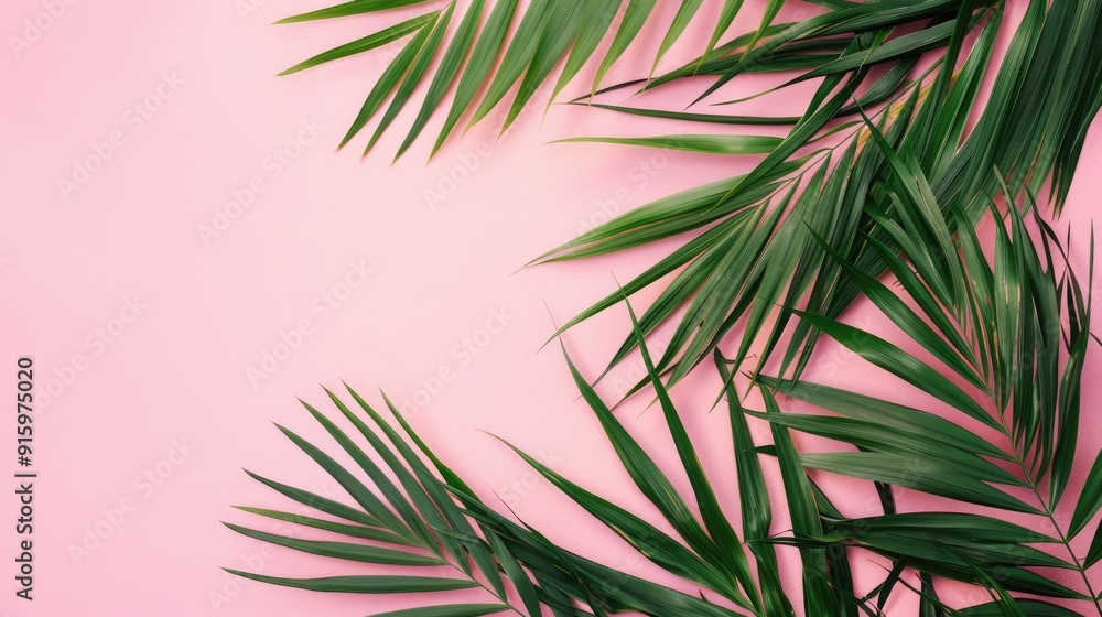 Palm leaf border on pink backdrop with copy space, top view. Palm leaf border on pink backdrop with copy space, top view.