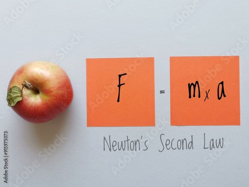 Newton's second law of motion formula on orange sticky notes with apple. Force, mass and acceleration equation. Force is equal to mass times acceleration. Physics formula, education concept.