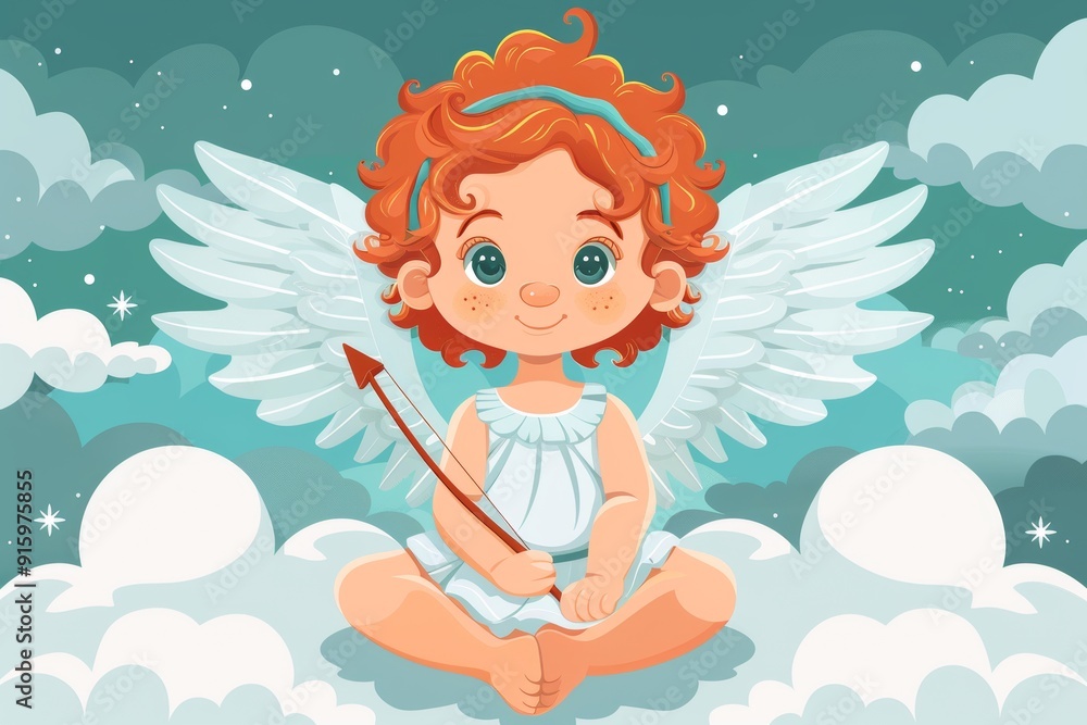 A charming baby angel with a bow and arrow rests on fluffy clouds in the sky. Cupid, with curly red hair, takes aim with his bow in this delightful illustration. A charming baby angel with a bow and arrow rests on fluffy clouds in the sky. Cupid, with curly red hair, takes aim with his bow in this delightful illustration.
