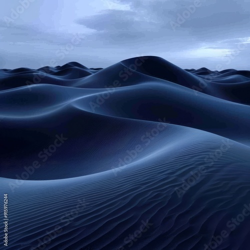 Fototapeta Naklejka Na Ścianę i Meble -  Rippling blue sand dunes beneath a dramatic, cloudy sky create a sense of tranquility and vastness. The mesmerizing landscape invites viewers to get lost in the beauty of the desert.