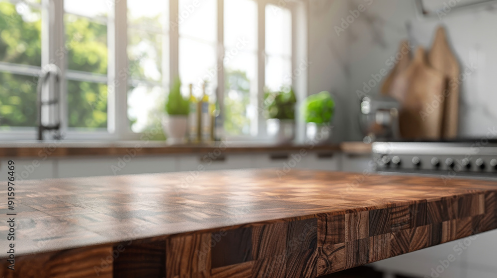 End grain wood countertop with a cutting board in the foreground and a blurred kitchen and window in the background. Can be used to display a product or design.
