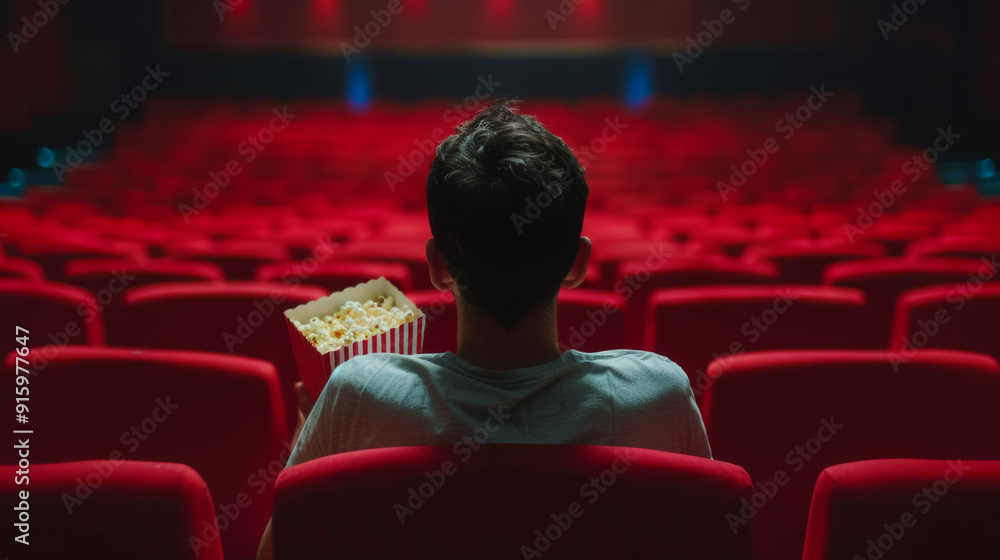 Enjoy a movie with a bucket of popcorn in a dark theater filled with red seats. Watch an action, thriller, or sci-fi film on the screen. See the film from the spectator's point of view. Enjoy a movie with a bucket of popcorn in a dark theater filled with red seats. Watch an action, thriller, or sci-fi film on the screen. See the film from the spectator's point of view.