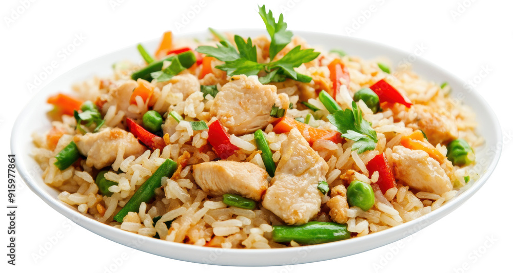 Chicken fried rice with vegetables on a plate, cut out - stock png. Chicken fried rice with vegetables on a plate, cut out - stock png.