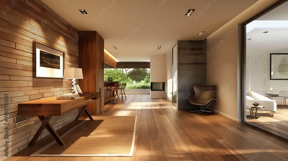 Modern hallway with wooden floor, textured brick wall, and a view of a patio. Modern hallway with wooden floor, textured brick wall, and a view of a patio.