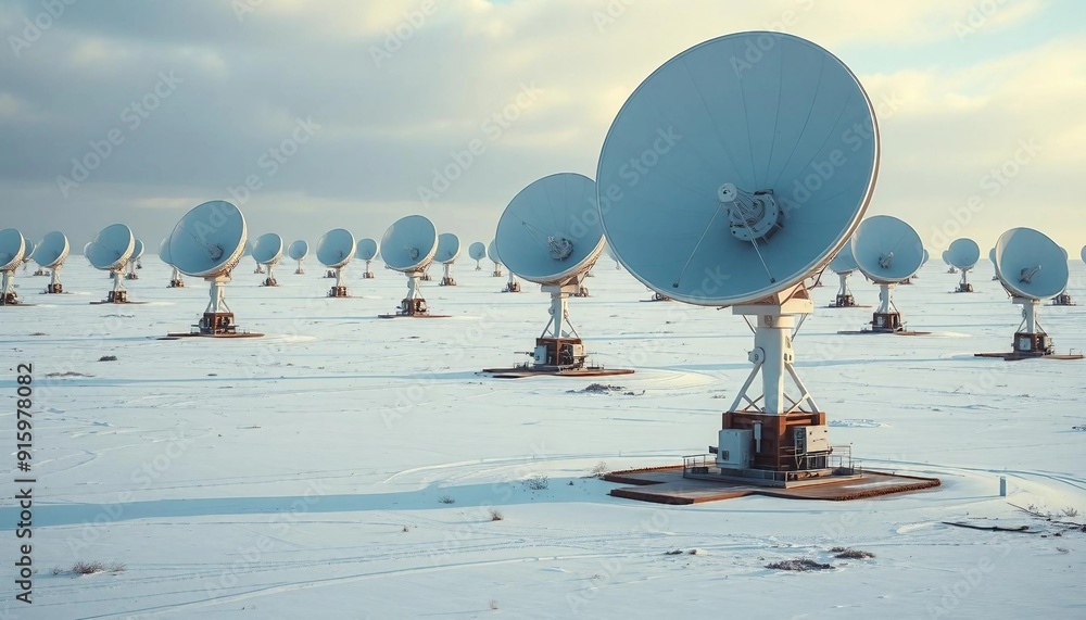Fototapeta premium A field of massive satellite dishes on a snow-covered plain, contrasting with the icy landscape as they capture signals from distant satellites, evoking isolation and technological marvel.
