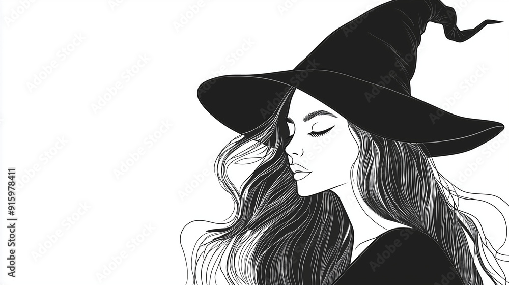 Elegant Witch in Black Hat Line Art Illustration on White Background with Copy Space Elegant Witch in Black Hat Line Art Illustration on White Background with Copy Space
