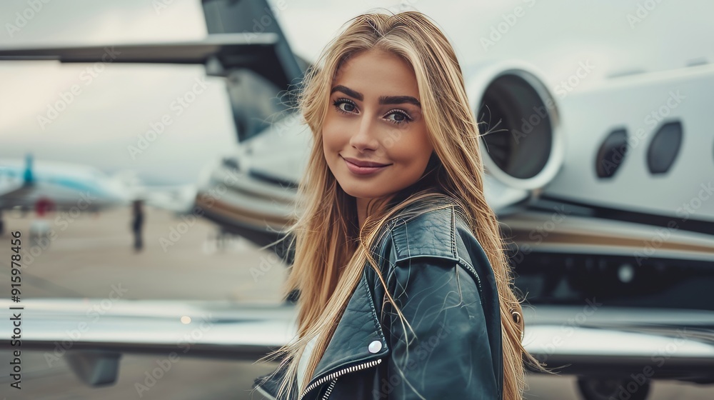 A blonde woman stands in front of a white jet plane A blonde woman stands in front of a white jet plane