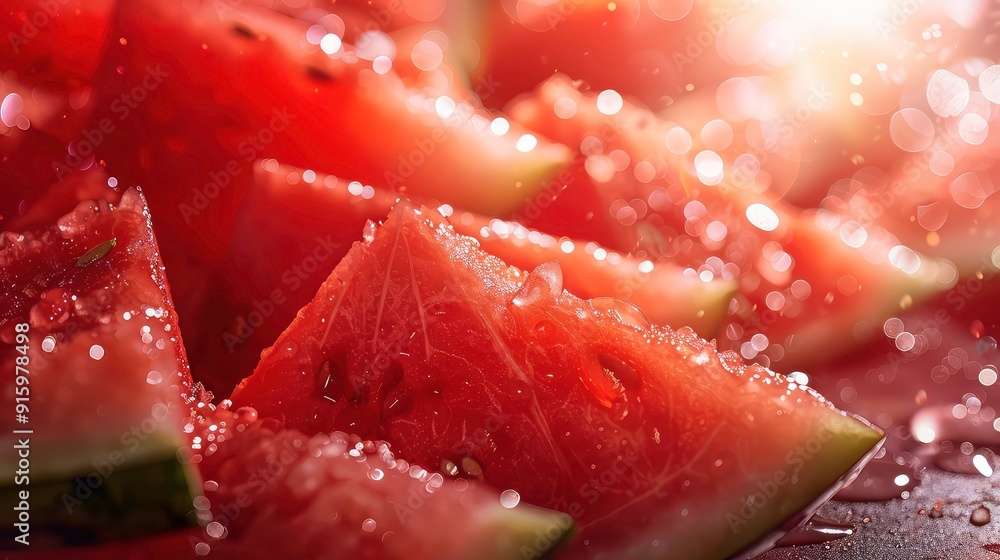 Close-up of juicy watermelon slices with water droplets, lit by warm light, creating a bokeh effect. Close-up of juicy watermelon slices with water droplets, lit by warm light, creating a bokeh effect.