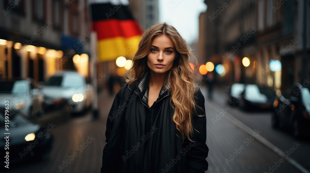 German young smiling girl with Germany flag on the city street, Berlin, red, yellow, black colors, national symbol of the country, student, teenager, tourist, person, people, background, architecture German young smiling girl with Germany flag on the city street, Berlin, red, yellow, black colors, national symbol of the country, student, teenager, tourist, person, people, background, architecture