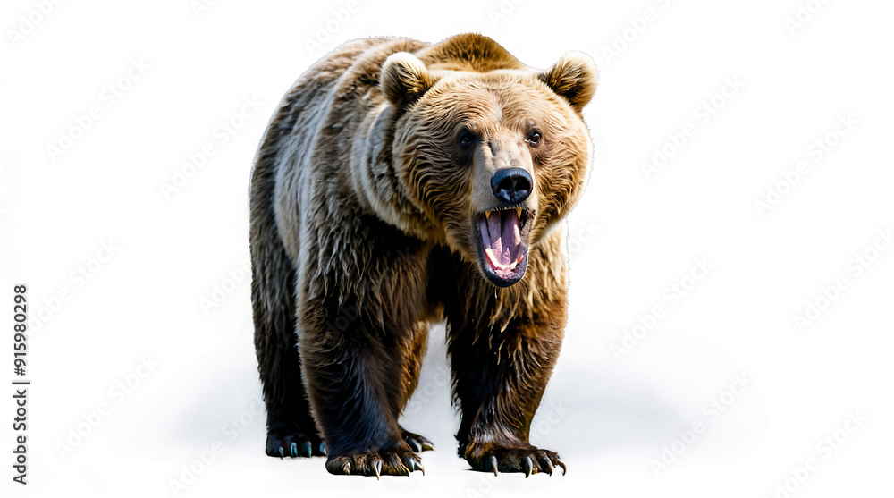 Obraz premium a brown bear stands on all fours with its mouth open in a roar