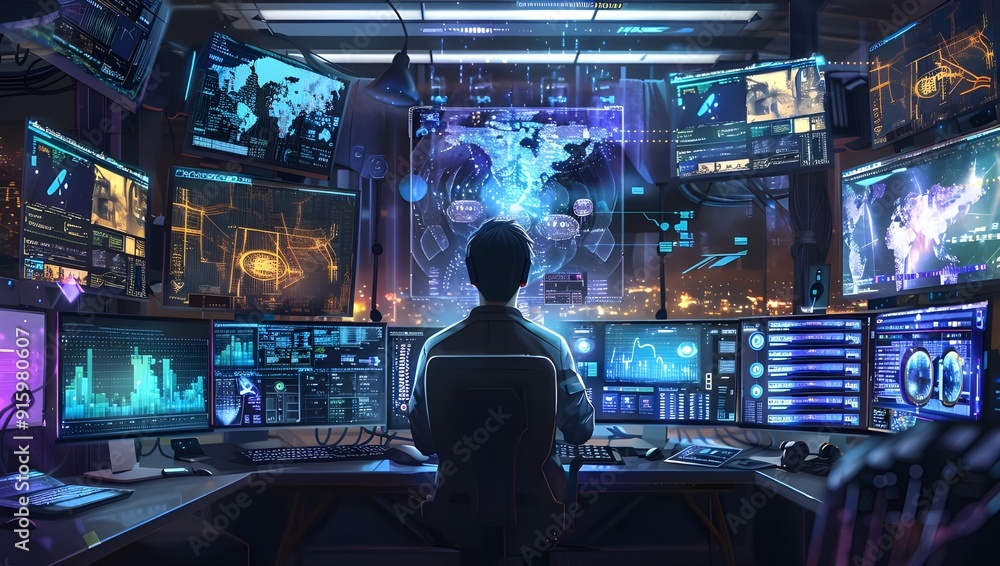 A cyber security professional in front of multiple monitors, monitoring digital traffic and data for potential cyber-mediated threats. A cyber security professional in front of multiple monitors, monitoring digital traffic and data for potential cyber-mediated threats.
