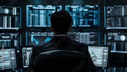 Cinematic shot of an IT engineer sitting in front of multiple monitors displaying data, focused on coding or ensuring security.