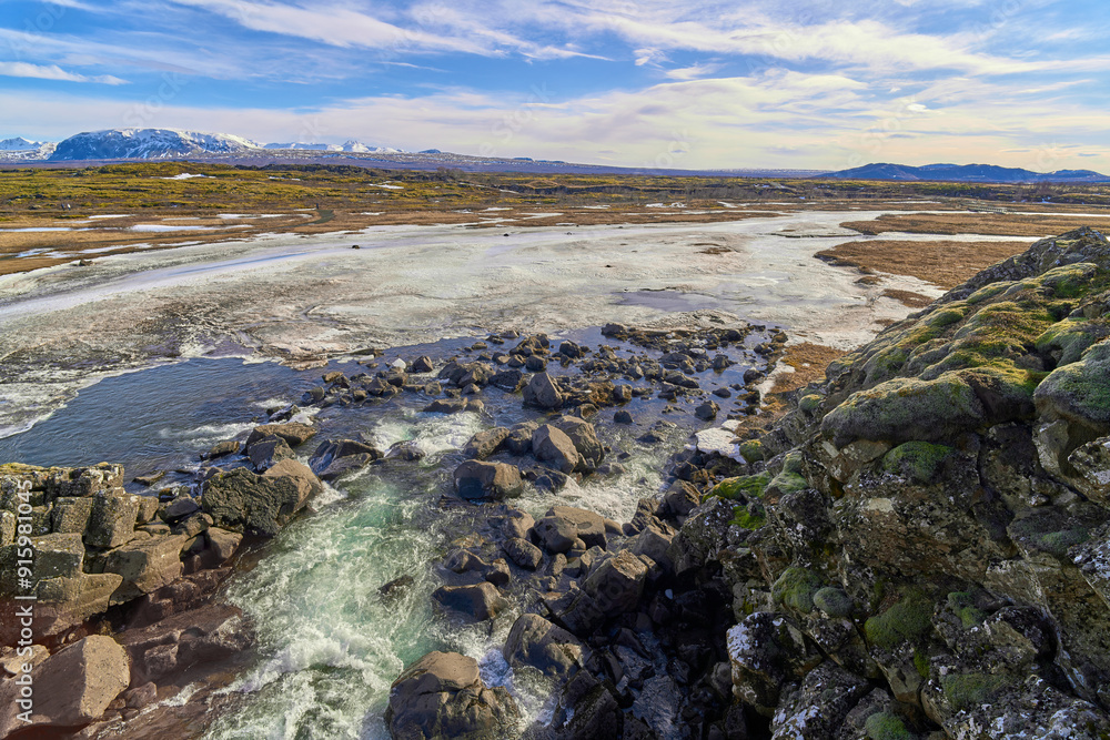 River flowing through volcanic landscape in iceland River flowing through volcanic landscape in iceland