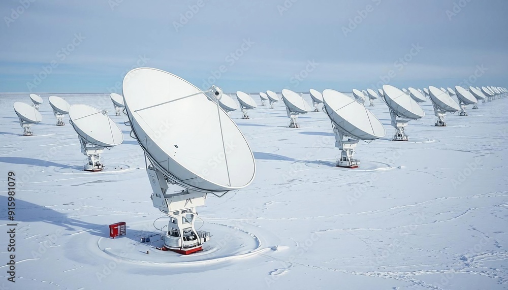 A field of massive satellite dishes on a snow-covered plain, contrasting with the icy landscape as they capture signals from distant satellites, evoking isolation and technological marvel.
A field of massive satellite dishes on a snow-covered plain, contrasting with the icy landscape as they capture signals from distant satellites, evoking isolation and technological marvel.