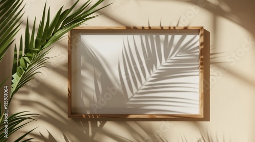 Wooden frame on beige wall with sunlight shadow and palm leaves, minimal summer interior design.
