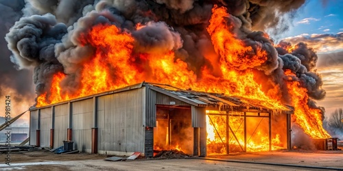 Destroyed storage building engulfed in flames , fire, ruined, disaster, damage, destroyed, blaze, tragedy, catastrophe, arson