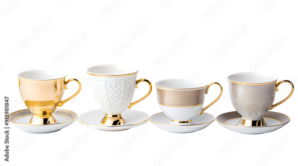 Elegant Teacups with Gold Detailing and Matching Saucers. Beautifully Designed Ceramics for Drinks and Tea Service. Stylish Tableware for Home Decor Elegant Teacups with Gold Detailing and Matching Saucers. Beautifully Designed Ceramics for Drinks and Tea Service. Stylish Tableware for Home Decor