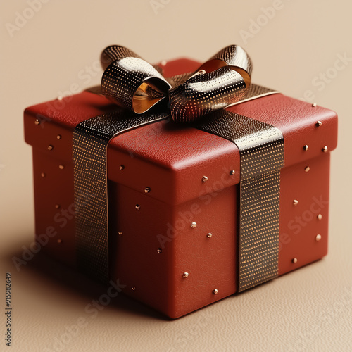 Elegant red gift box with gold ribbon, isolated on transparent background, symbolizing celebration and luxury.
 photo