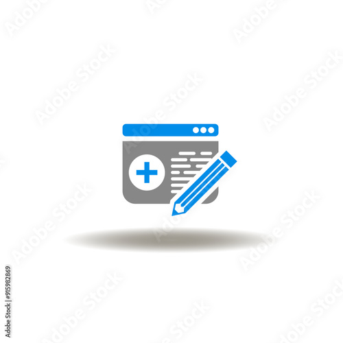 Vector illustration of website with health care cross and pencil. Icon of EMR Electronic Medical Records. Symbol of online medicie, pharmacy.