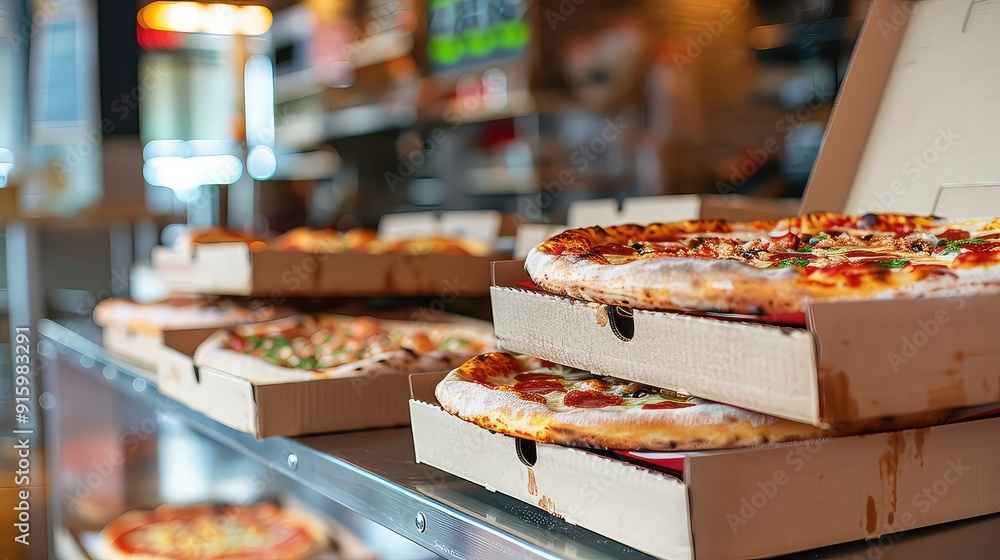 Two pizzas in cardboard boxes stacked on a stainless steel surface, one is in focus, the other is blurred. Two pizzas in cardboard boxes stacked on a stainless steel surface, one is in focus, the other is blurred.
