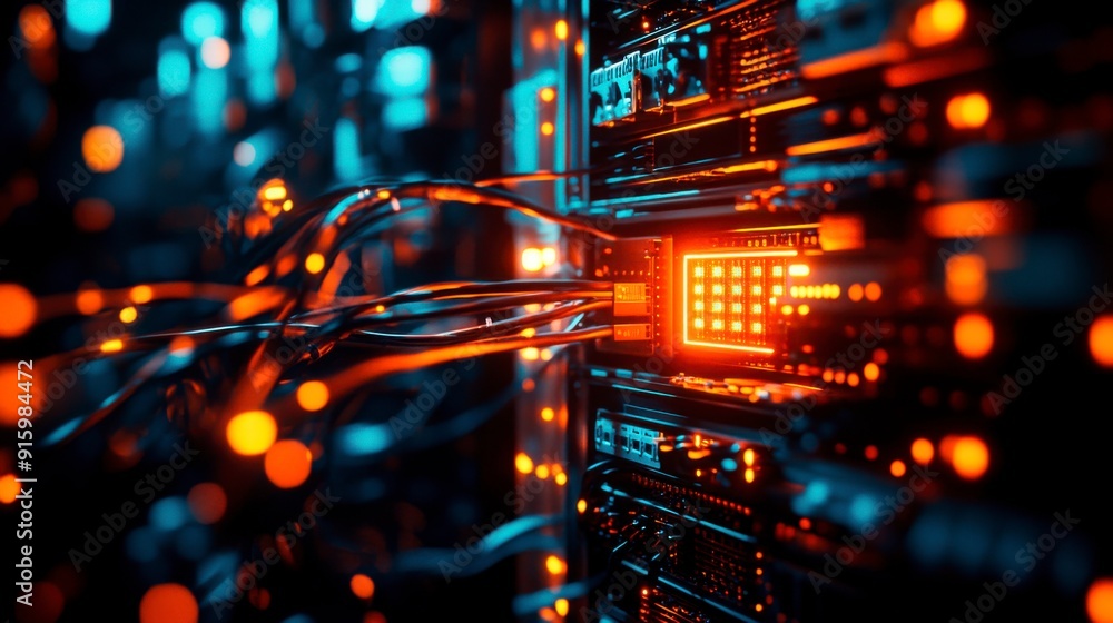 Cybersecurity on the Internet, a network of luminous servers and wires in a dark room. Cybersecurity on the Internet, a network of luminous servers and wires in a dark room.