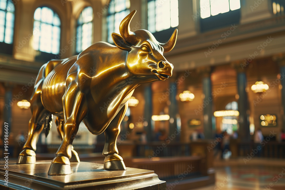 A golden bull statue in a grand interior, symbolizing strength and prosperity. A golden bull statue in a grand interior, symbolizing strength and prosperity.