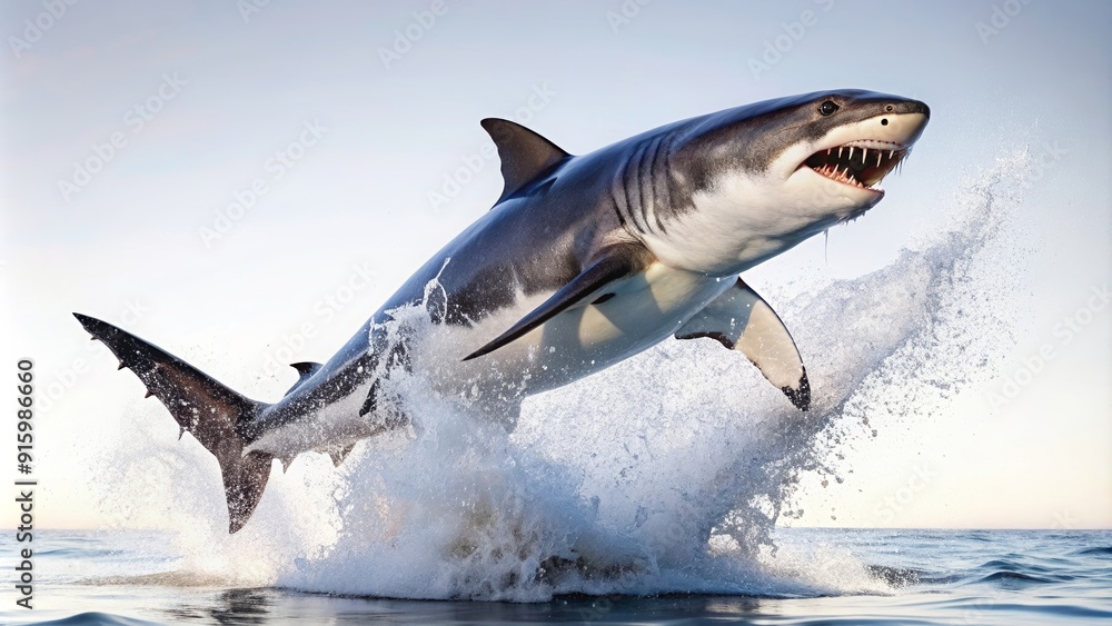 Fototapeta premium Great White Shark leaping out of water isolated on white background , Shark, Great White, Ocean, Predator, Splash, Jump, Wildlife