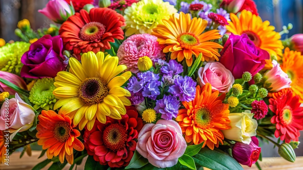 A vibrant bouquet of assorted flowers , floral arrangement, colorful, blooming, petals, celebration, gift, romantic, beauty A vibrant bouquet of assorted flowers , floral arrangement, colorful, blooming, petals, celebration, gift, romantic, beauty