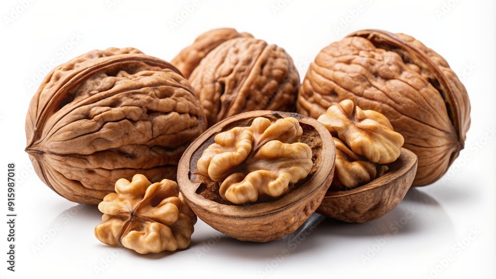 High-resolution photo of whole and cut walnuts on white background, professionally captured with smooth and shadowless techniques High-resolution photo of whole and cut walnuts on white background, professionally captured with smooth and shadowless techniques