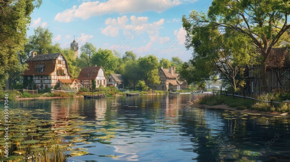 A picturesque village with charming houses by a calm river. A picturesque village with charming houses by a calm river.