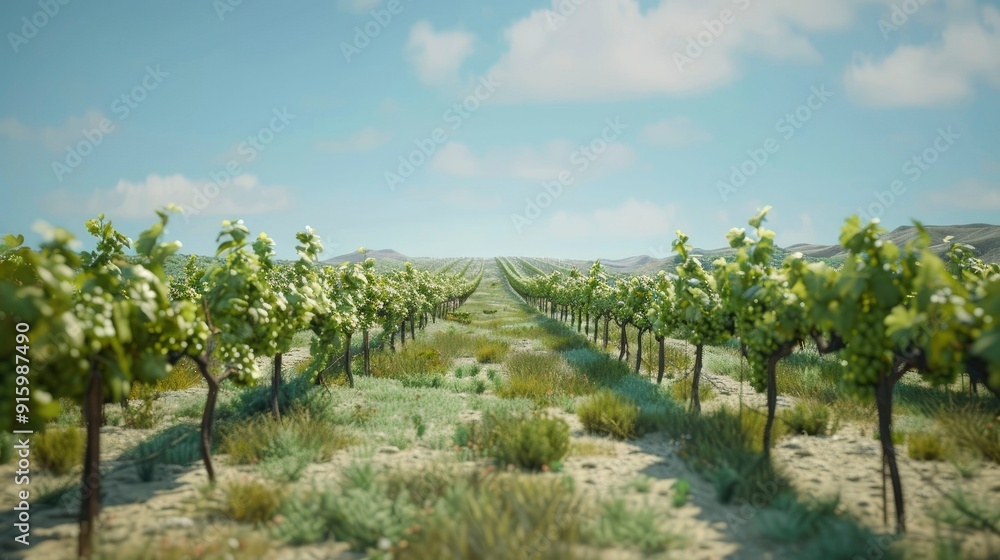 Fototapeta premium A picturesque vineyard with rows of grapevines and a clear sky.