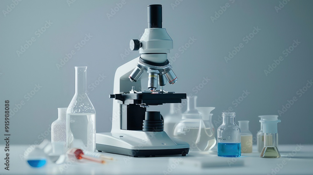 A white microscope with a black base is sitting on a white countertop. There are multiple clear glass beakers with liquid inside, as well as other equipment. A white microscope with a black base is sitting on a white countertop. There are multiple clear glass beakers with liquid inside, as well as other equipment.