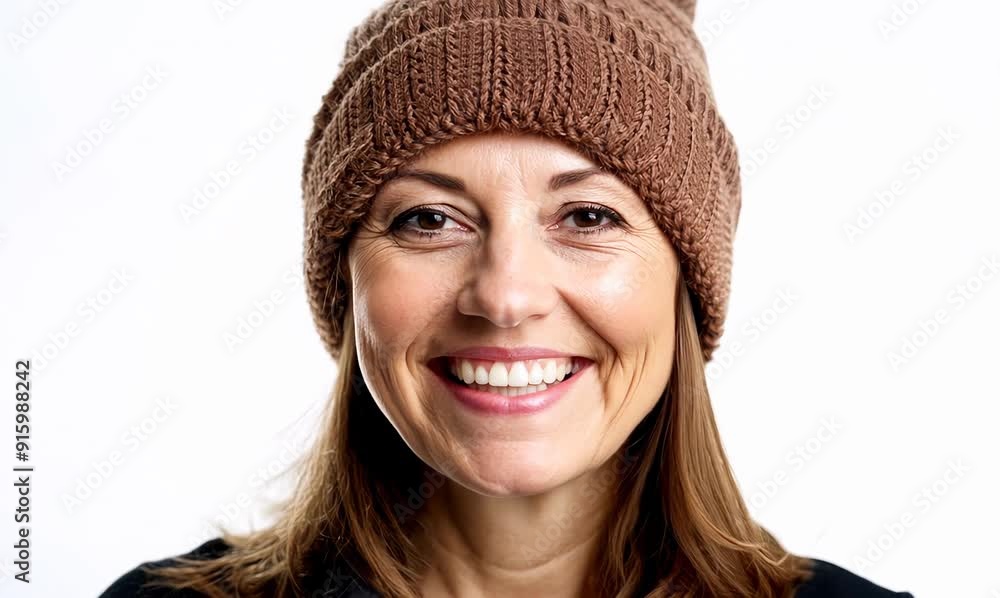 Medium shot portrait video of a grinning woman in her 30s wearing a warm beanie or knit hat against a white background Medium shot portrait video of a grinning woman in her 30s wearing a warm beanie or knit hat against a white background