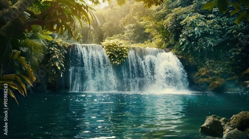 A picturesque waterfall in a tropical jungle with lush foliage.
