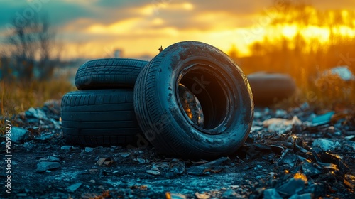 a pile of discarded tires against the backdrop of a vibrant sunset. The scene evokes thoughts on pollution and the impact of human waste on natural landscapes.