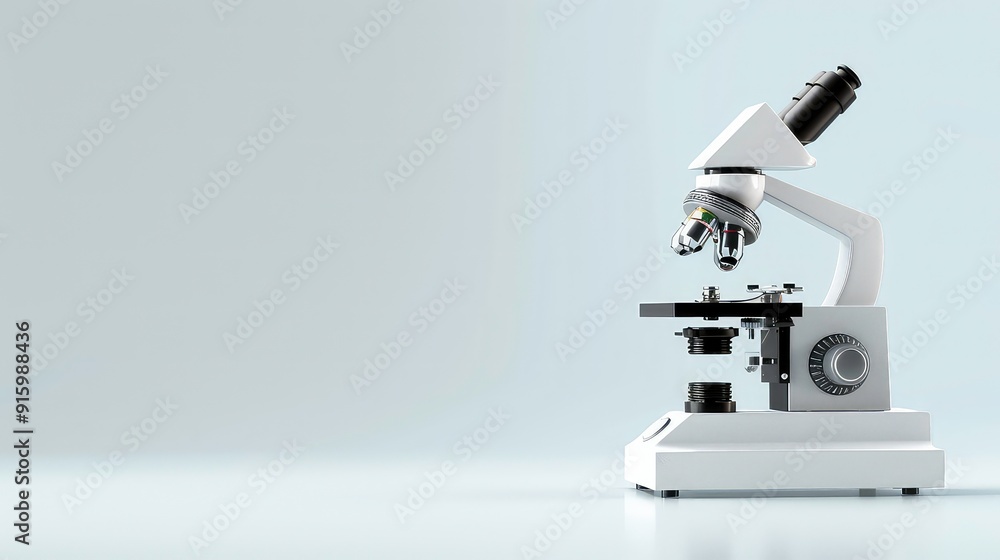 A white microscope stands on a white surface with a plain background. A white microscope stands on a white surface with a plain background.